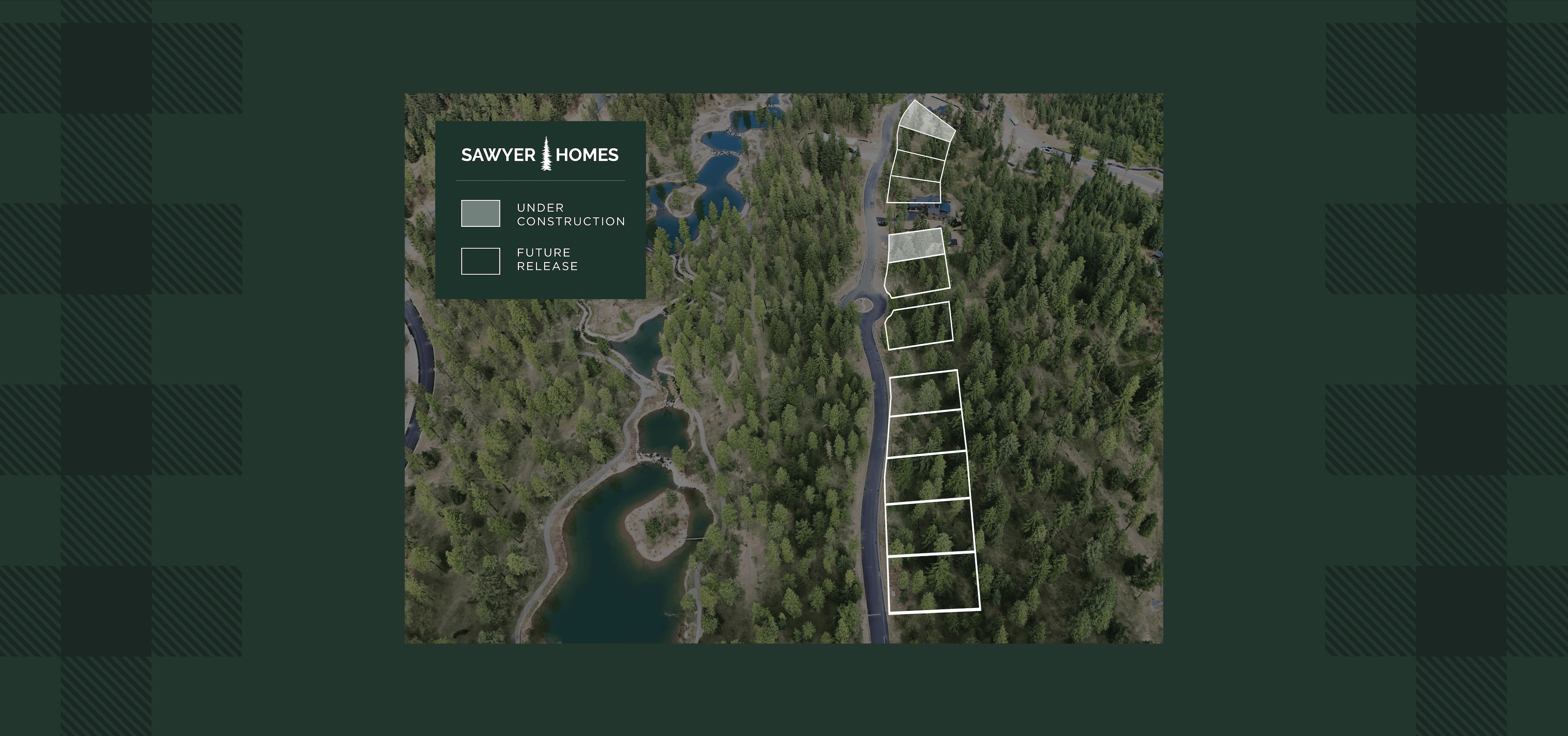 Aerial view of a wooded area near Suncadia, featuring a road and plotted home sites. Some sites are marked as "under construction" while others are designated for "future releases," providing a glimpse into the potential of Suncadia real estate.