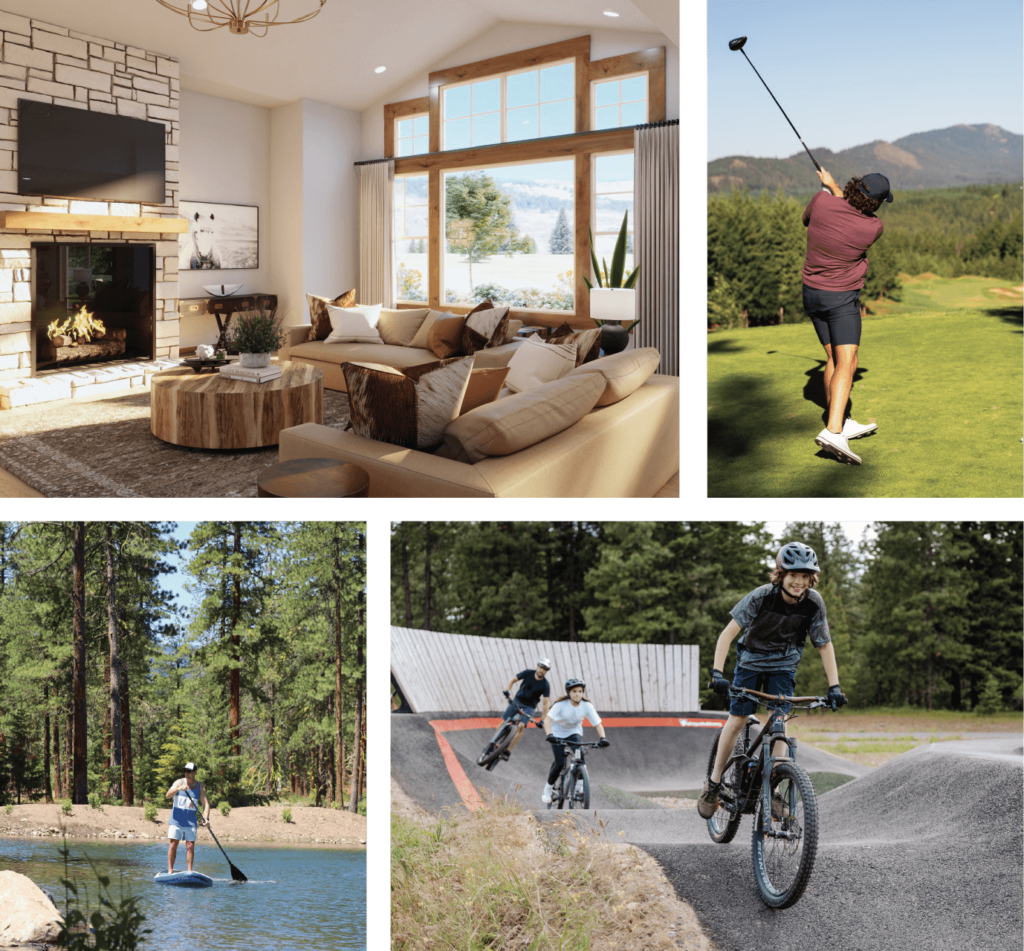 A collage showcases a cozy living room with a fireplace at Suncadia Resort Washington, a golfer in action, a paddleboarder on a tranquil pond, and cyclists navigating forest trails. Experience the charm of nature and activity near Cle Elum restaurants.