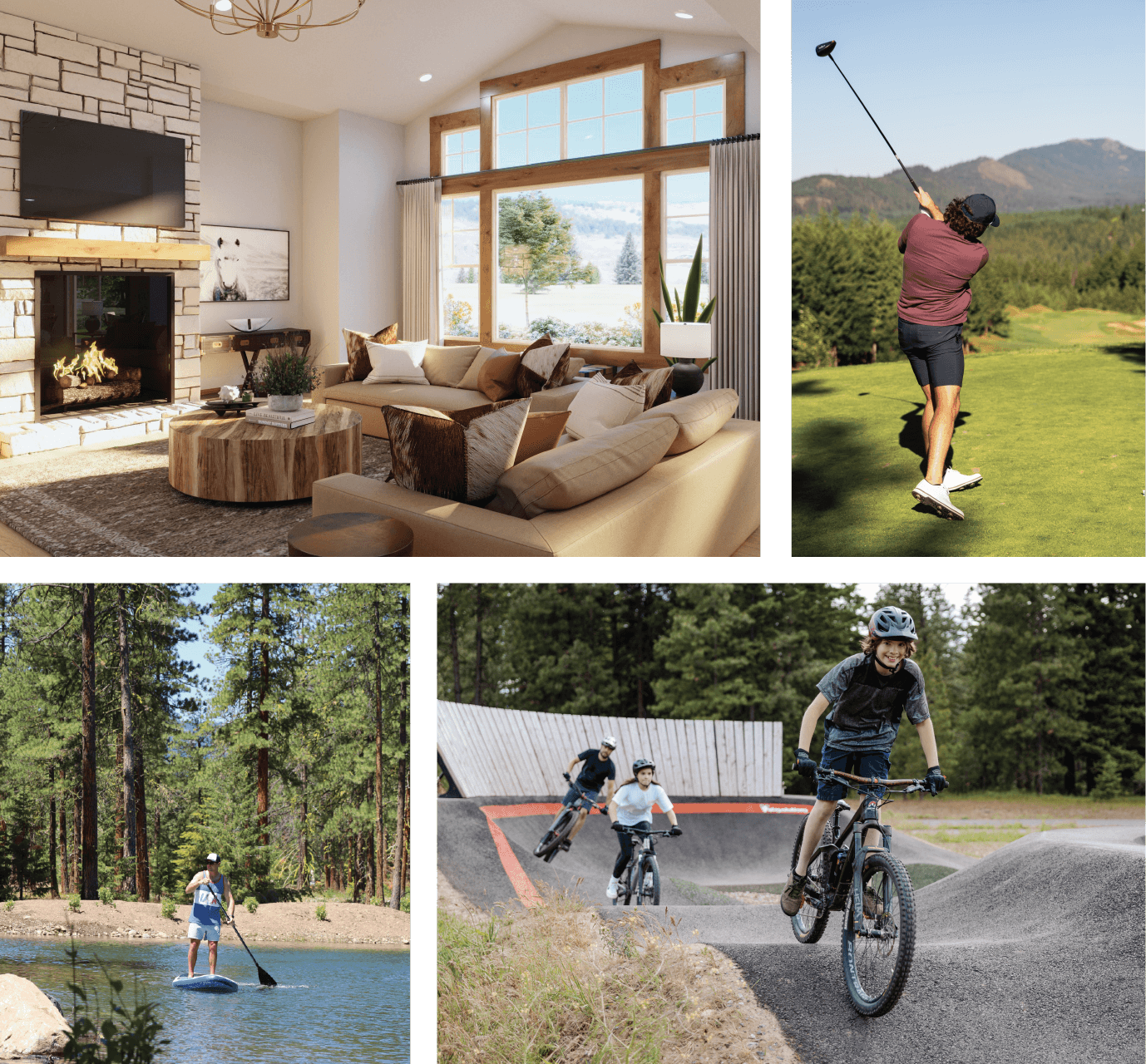 A collage showcases a cozy living room with a fireplace at Suncadia Resort Washington, a golfer in action, a paddleboarder on a tranquil pond, and cyclists navigating forest trails. Experience the charm of nature and activity near Cle Elum restaurants.