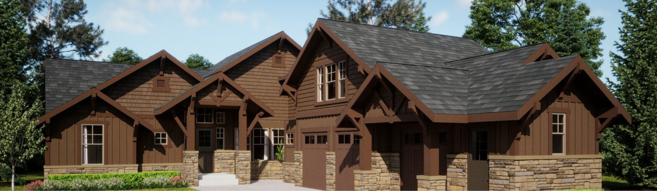 A large, multi-gable craftsman-style house with stone and wood siding, nestled among trees under a clear blue sky, epitomizes the charm of Suncadia real estate.