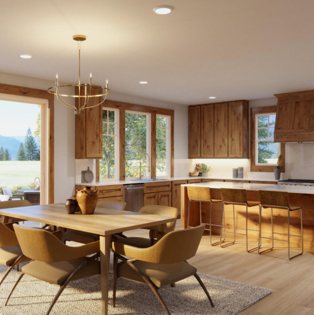 Spacious kitchen with wooden cabinets, dining table, chairs, and bar stools. Large windows and a chandelier add natural light. Enjoy the outdoor view visible through open doors, reminiscent of the charming settings found in Suncadia real estate.