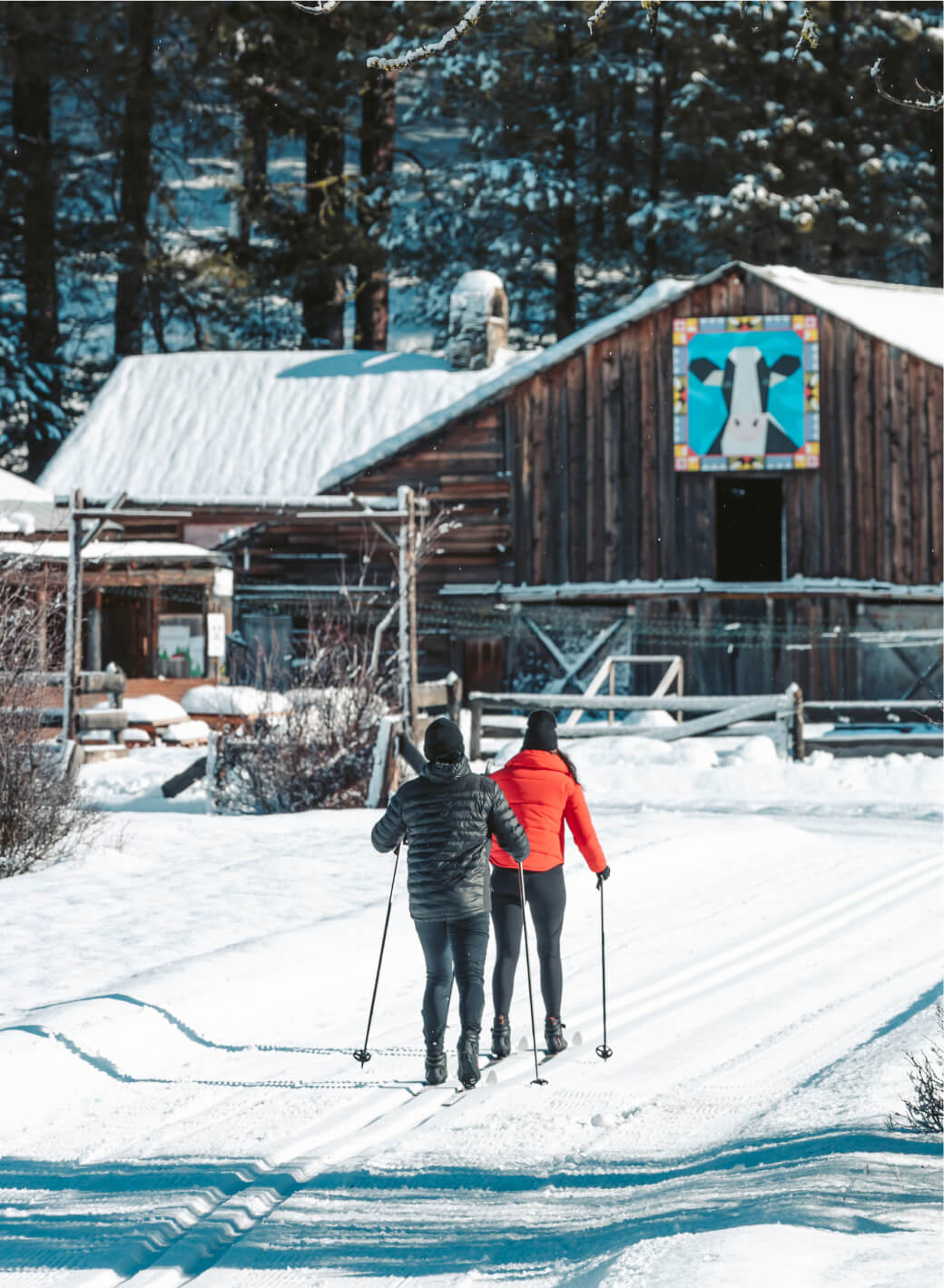 Two people cross-country skiing on a snow-covered trail, with a charming wooden cabin nestled in the backdrop of Suncadia Resort Washington.