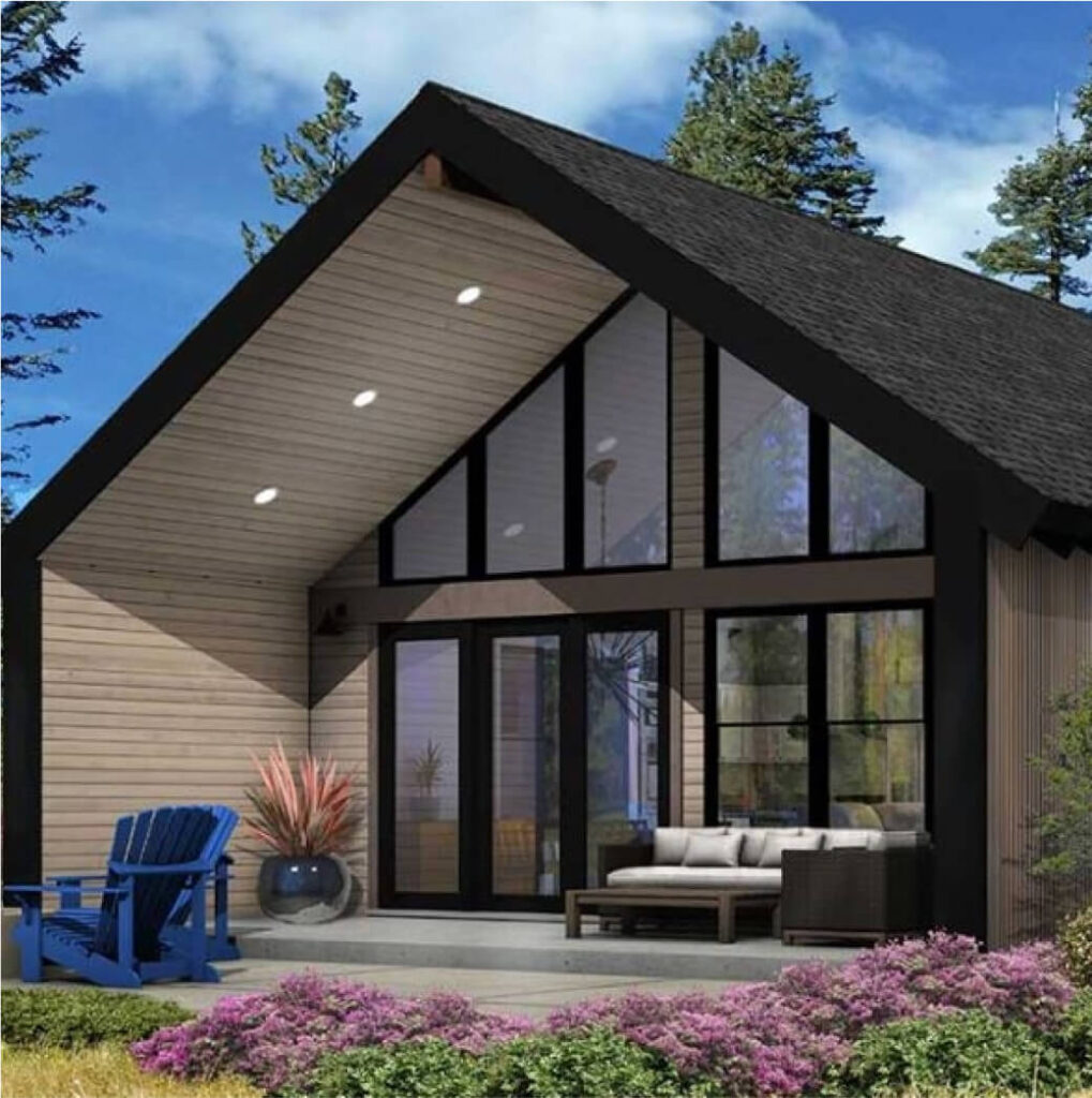 A-frame house with large glass windows, wooden exterior, patio furniture, and blue Adirondack chairs, surrounded by trees and shrubs, nestled near Suncadia Resort in Washington.