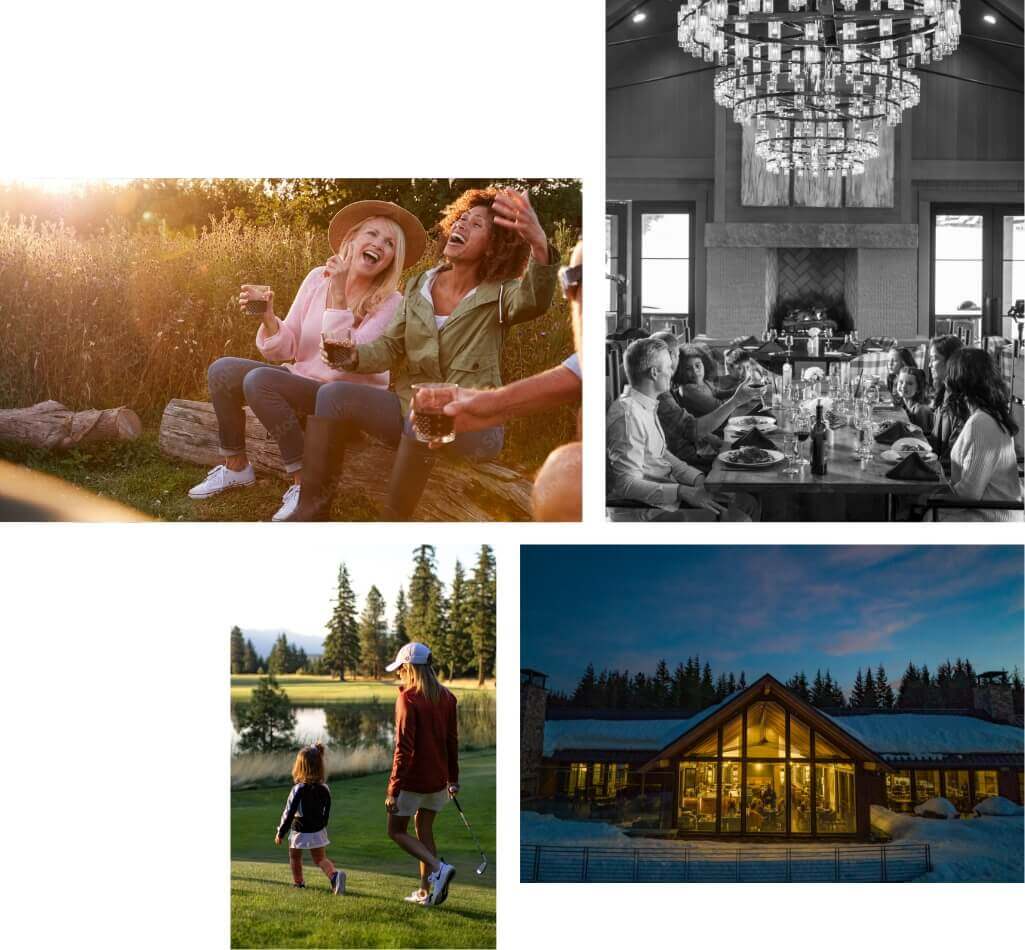 Collage of four images: People laughing outdoors at Suncadia Resort Washington, a dining room with a chandelier, a woman and child walking on the lush grass of Suncadia Real Estate, and a lit building at night surrounded by trees.