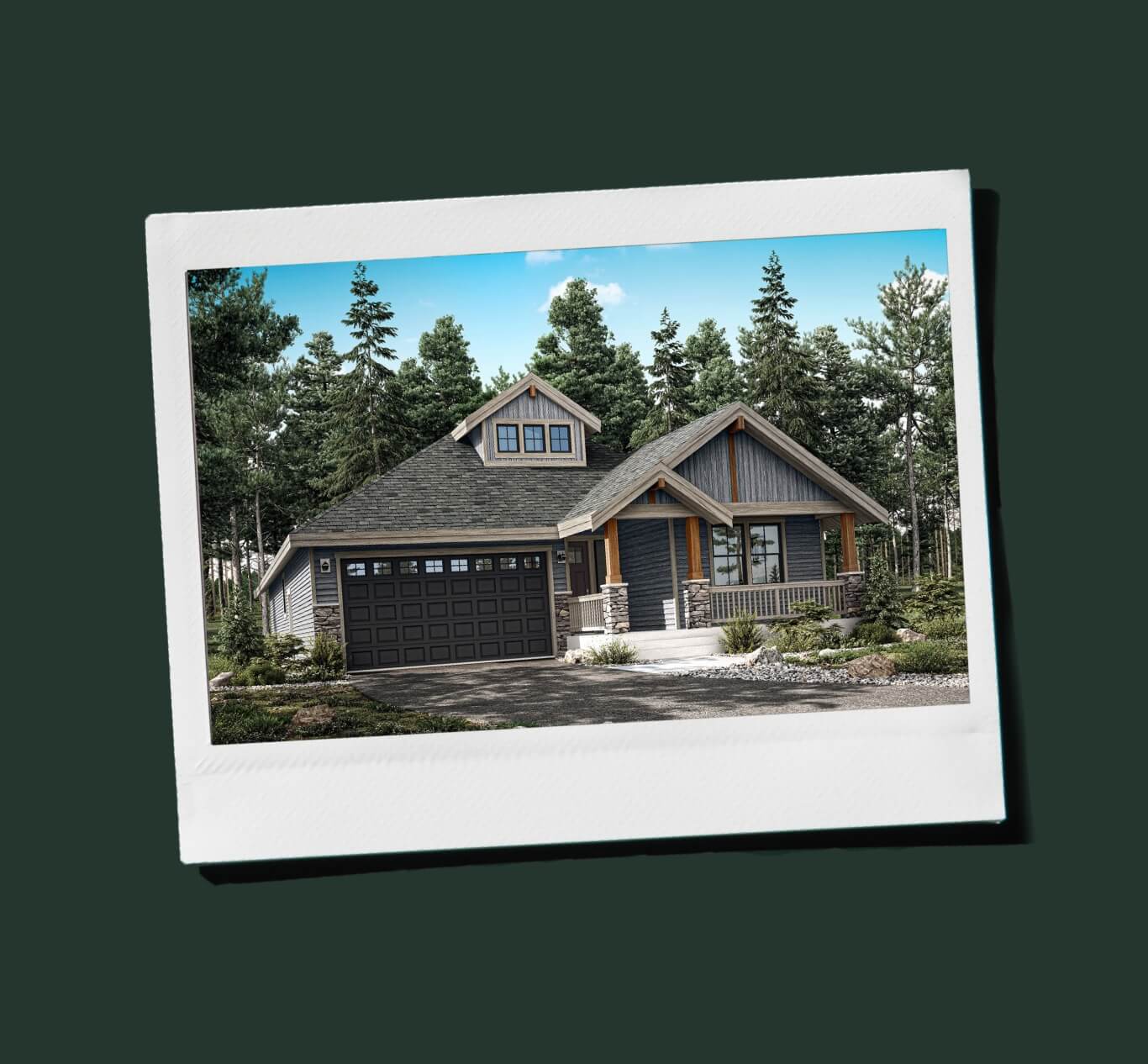 A modern single-story house with a wooden garage door, nestled among trees and set against a lush green backdrop. Ideal for those exploring Suncadia real estate, this serene property captures the essence of nature.