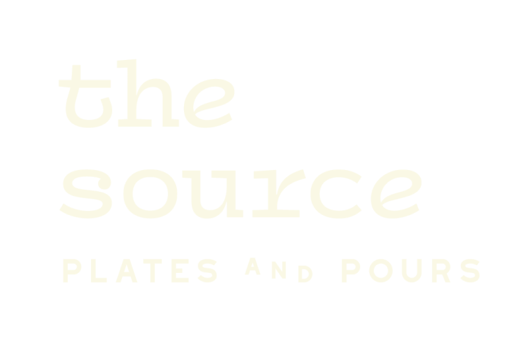 Text logo with the words "the source plates and pours" in a stylized font, capturing the elegance of Suncadia Resort.