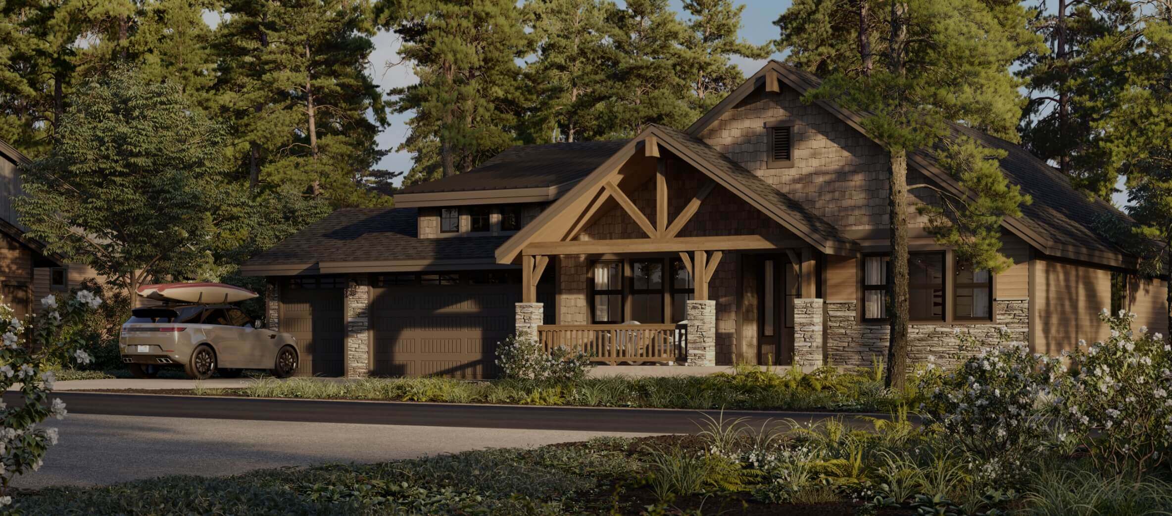 A rustic, single-story house with wooden accents and stone veneer nestled among the trees at Suncadia Resort. It features a two-car garage, with a car sporting a kayak on the roof parked in the driveway, perfect for adventure enthusiasts exploring Suncadia's natural beauty.