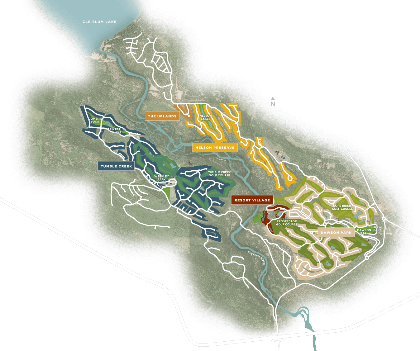 Map of a resort area with color-coded sections labeled: The Uplands, Nelson Preserve, Tumble Creek, and Resort Village, indicating various zones and roads within a natural landscape.