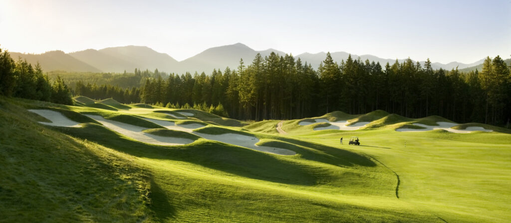 A golf course with rolling green hills, sand bunkers, and pine trees under a clear sky, backed by distant mountains.