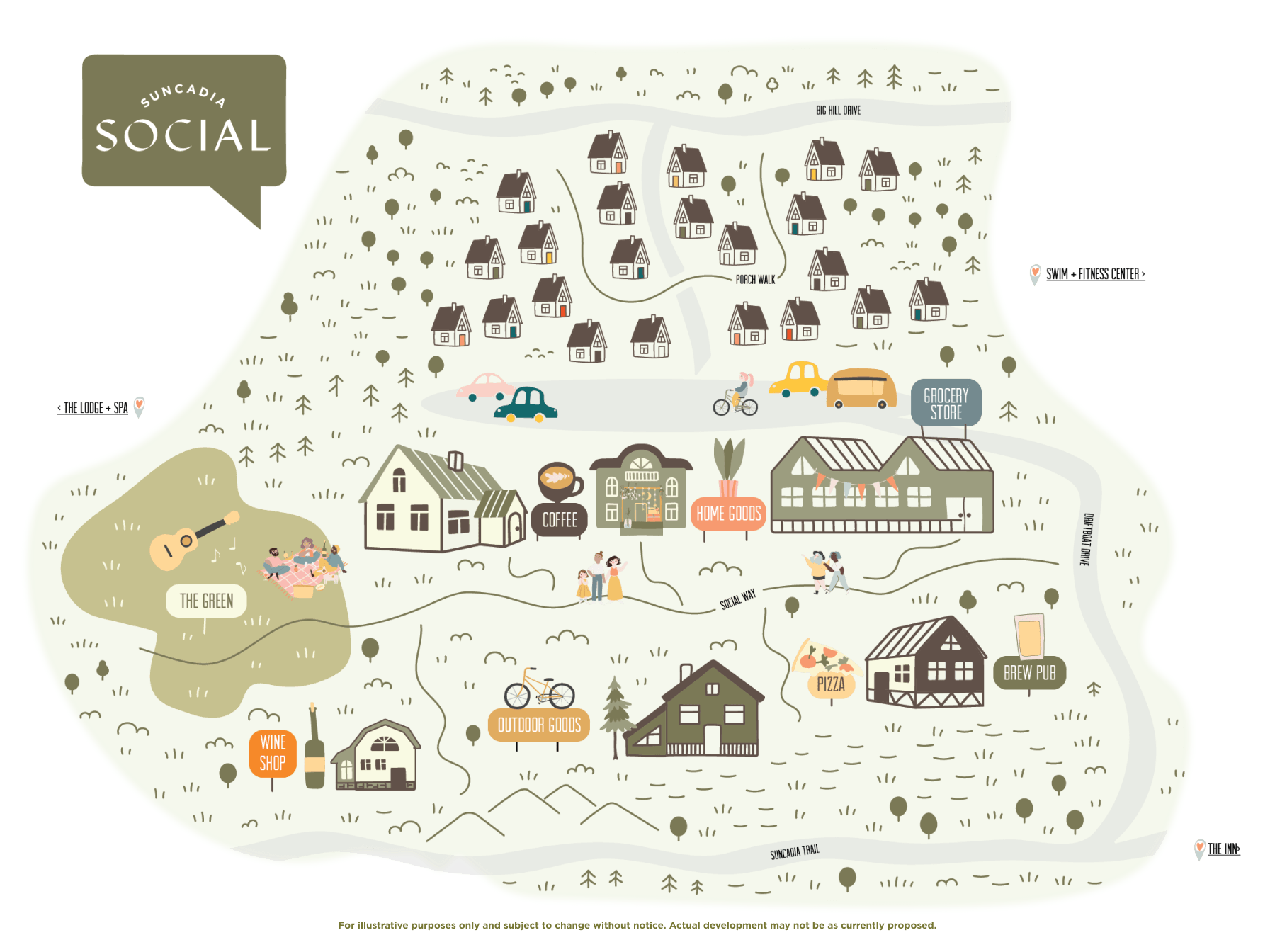 Illustrated map of a community layout with houses, pool, grocery store, and other facilities. Outdoor and home goods stores, bike path, and Brew Pub are labeled.