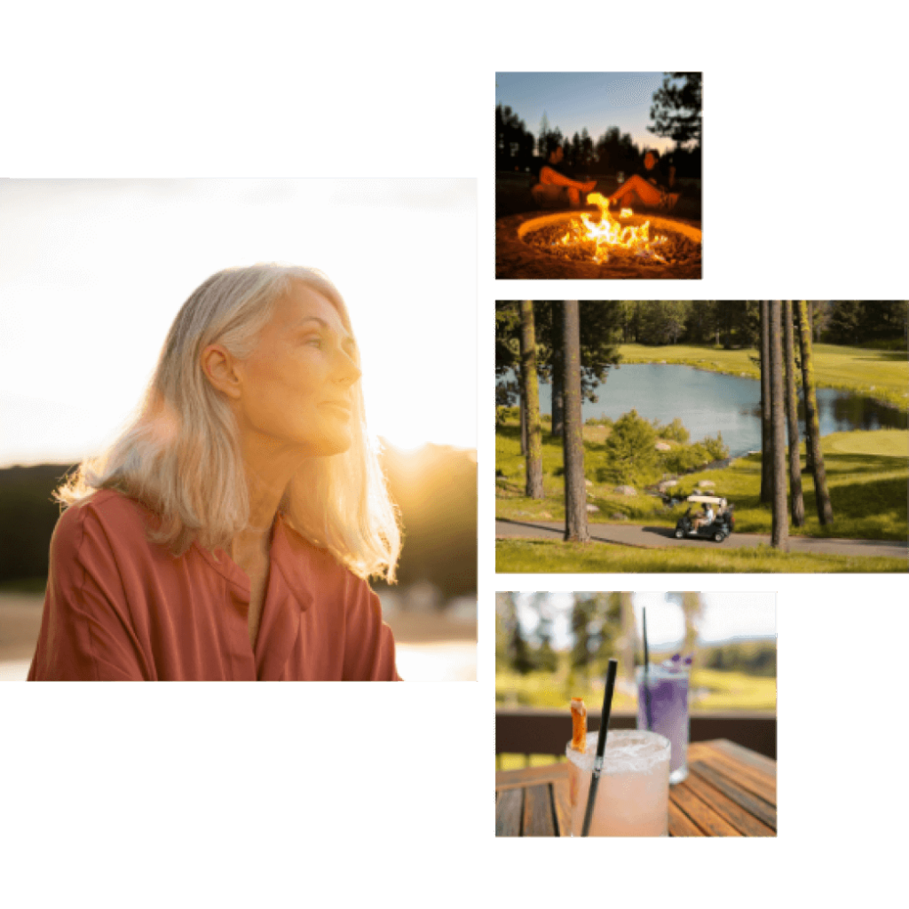 Collage of a woman in sunlight, a campfire with feet visible, a golf cart by a pond, and two drinks on a table outdoors.