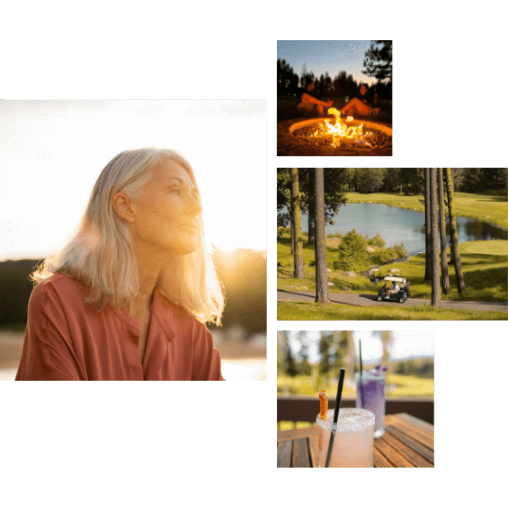 Collage of a woman in sunlight, a campfire with feet visible, a golf cart by a pond, and two drinks on a table outdoors.