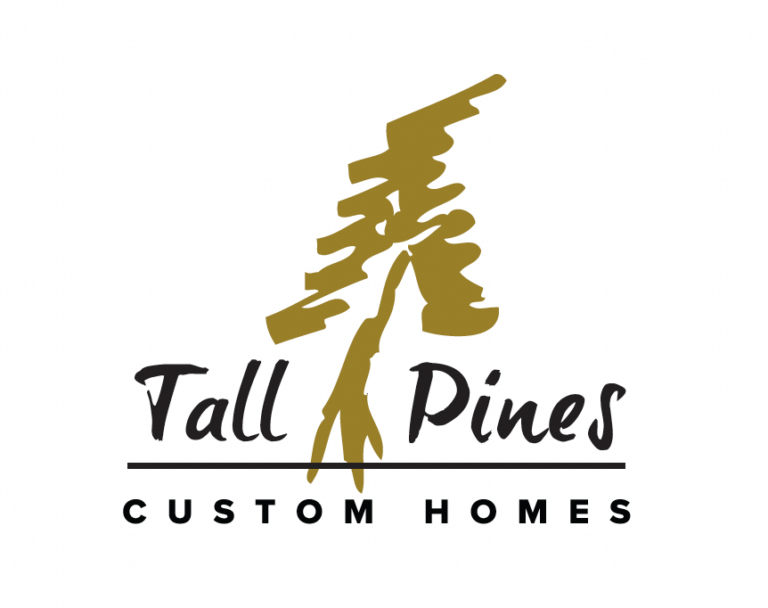 Logo of Tall Pines Custom Homes with stylized gold tree design above the company name in black text.