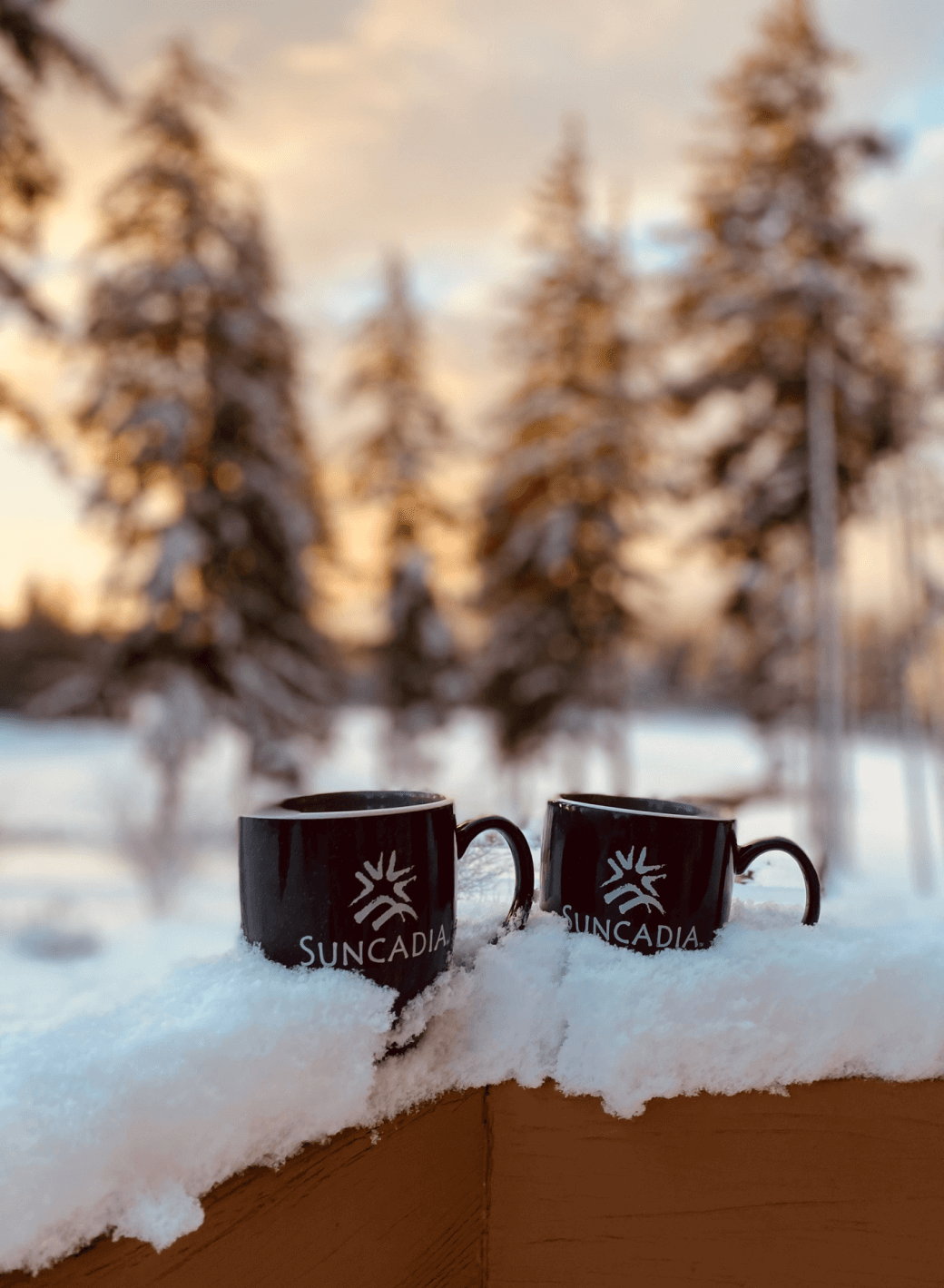 Two black Suncadia mugs sit on a snow-covered railing with snowy trees and a soft sunset in the background.