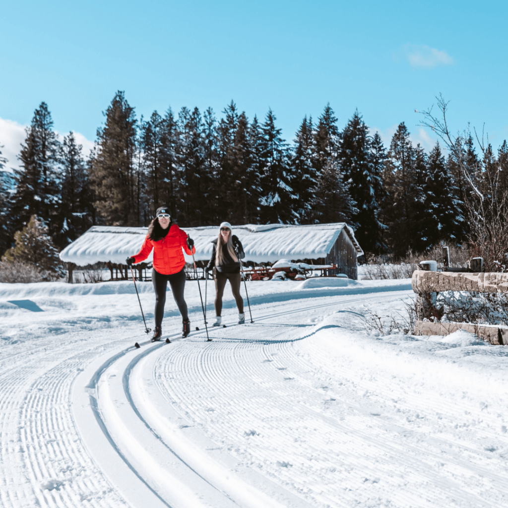 Two people cross-country skiing on a snowy trail with trees and a small wooden building in the background under a clear blue sky.