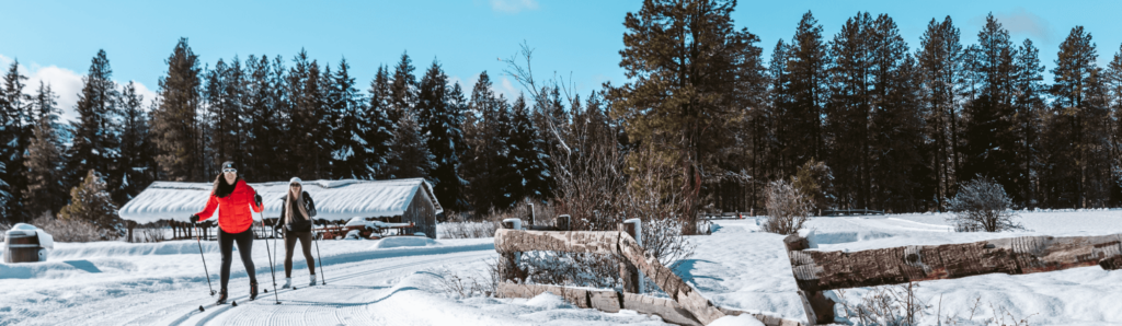 Two people are cross-country skiing on a snowy trail near a rustic wooden fence and snow-covered trees under a clear blue sky.