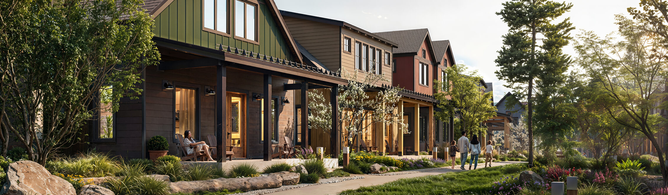 A row of modern suburban houses with covered porches, landscaped yards, and people walking on a sidewalk in a residential neighborhood.