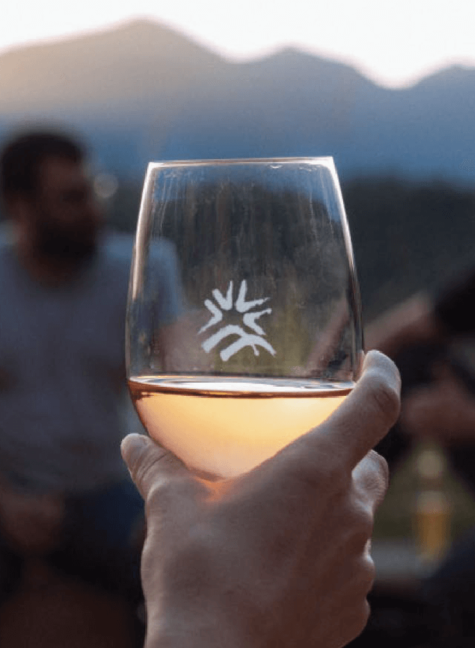 A hand holds a glass of rosé wine with a white logo, with blurred people and mountains in the background.