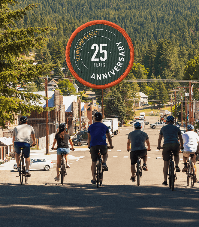 Seven people ride bicycles down a street towards a small town with forested hills in the background; a badge reads "25 Years Anniversary.