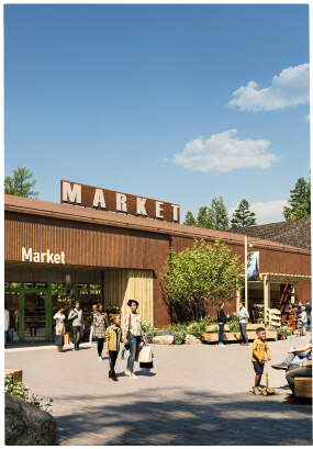 People walk in front of a modern market building with large "MARKET" signs under a clear blue sky. Some shoppers carry bags. Trees and outdoor displays are visible.