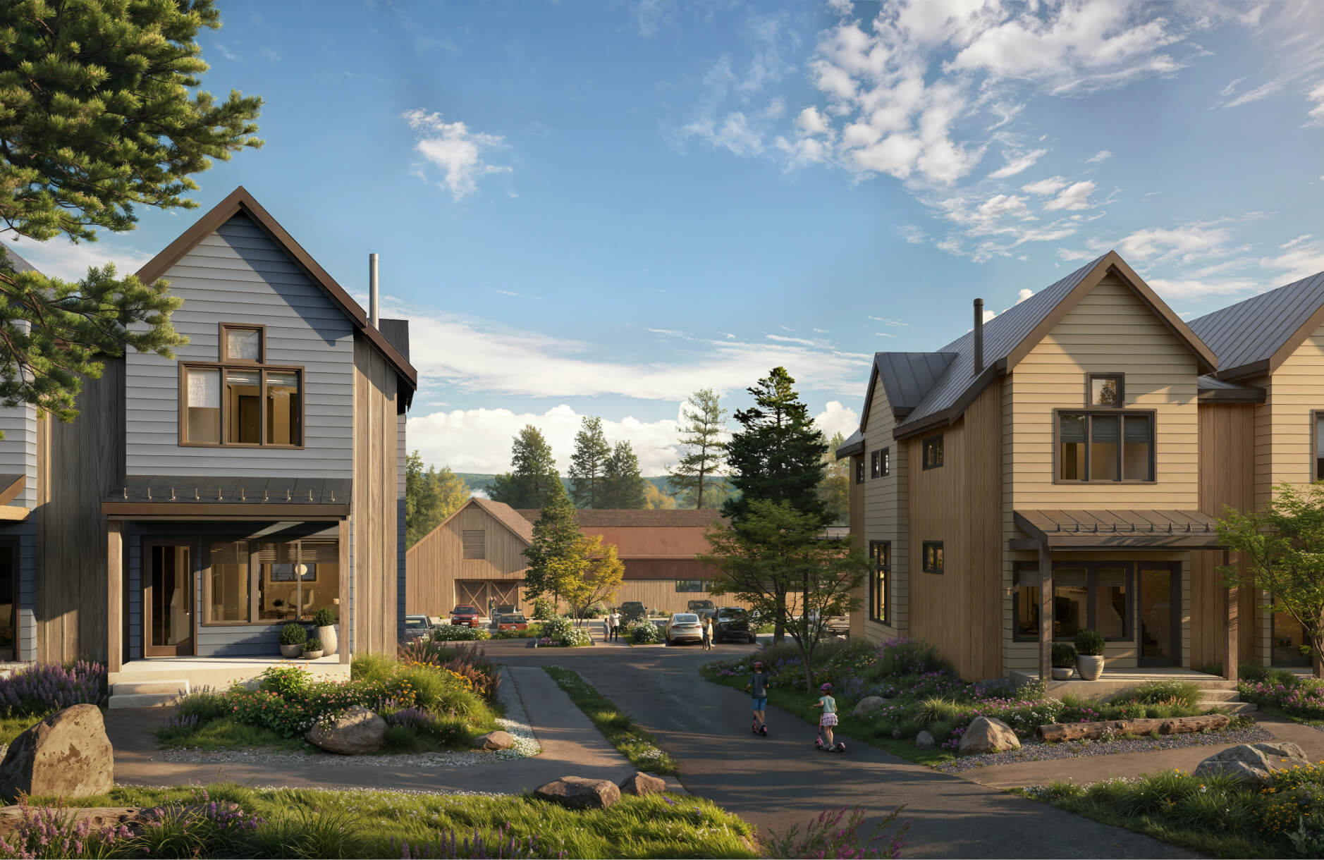 A suburban street with modern two-story houses, landscaped gardens, trees, and people walking along the sidewalk under a partly cloudy sky.