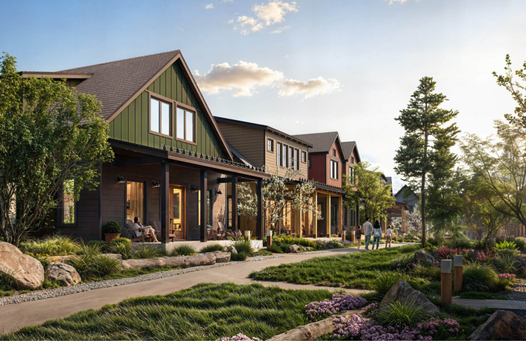 Row of modern craftsman-style homes with front porches, landscaped gardens, and people walking along a paved neighborhood path in the early evening.