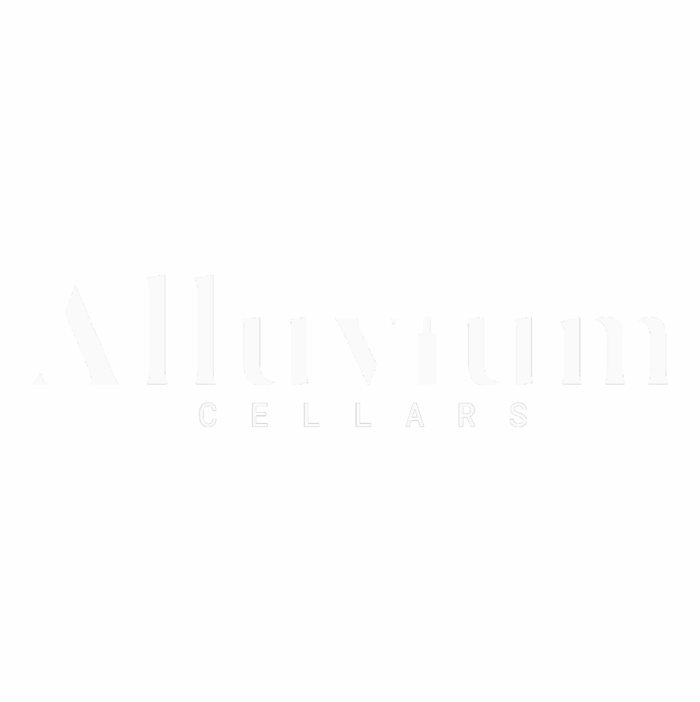 The image displays the words "Alluvium Cellars" in a bold, modern white font on a solid black background.