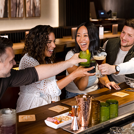 Four people sitting at a bar clink glasses and smile, with drinks and barware visible in front of them.
