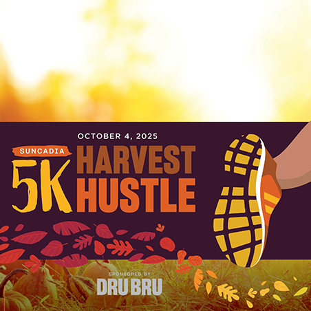 Promotional graphic for the Suncadia 5K Harvest Hustle on October 4, 2025, featuring a running shoe and autumn leaves, sponsored by Dru Bru.