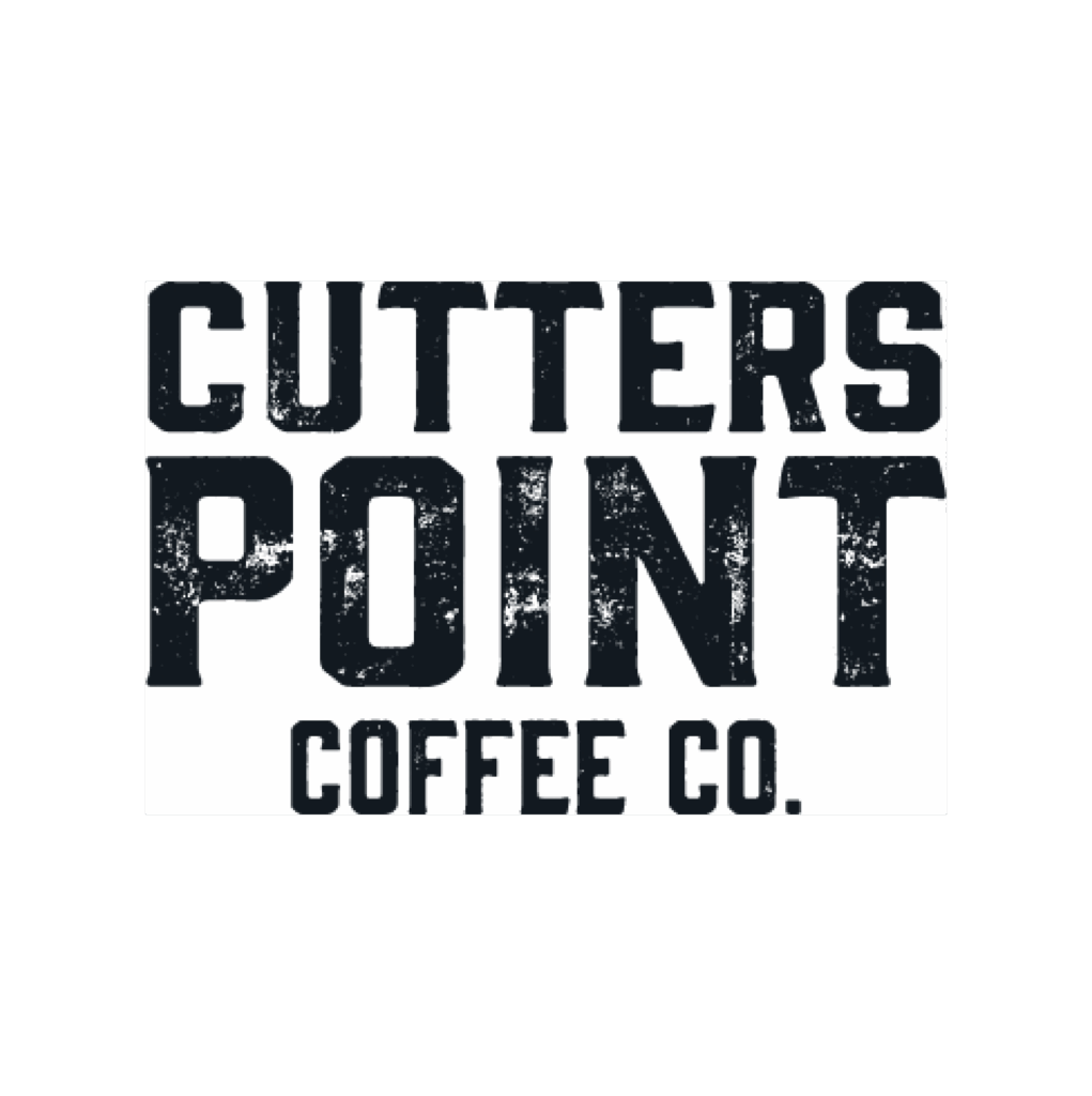 Logo with bold, distressed black text that reads "Cutters Point Coffee Co." on a white background.