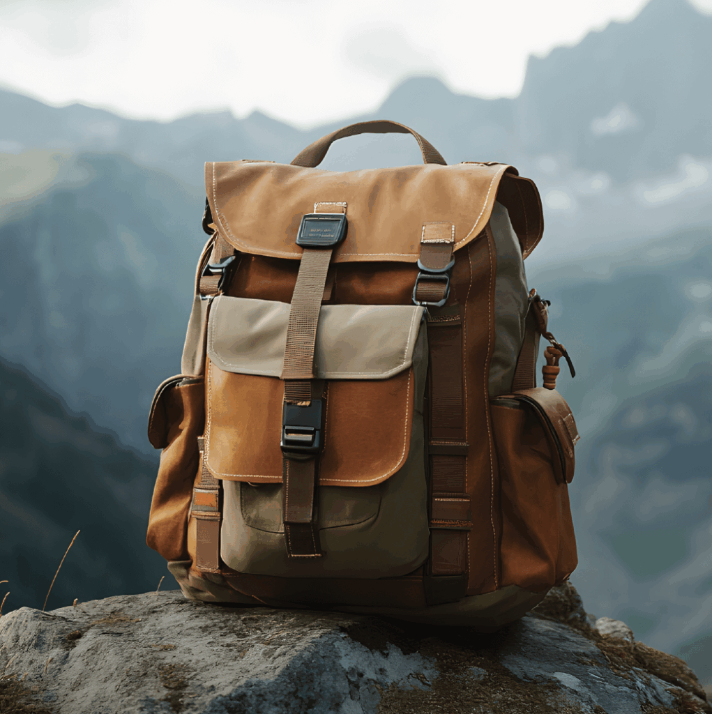 A brown and tan canvas backpack with multiple pockets sits on a rock, with blurred mountains and greenery in the background.