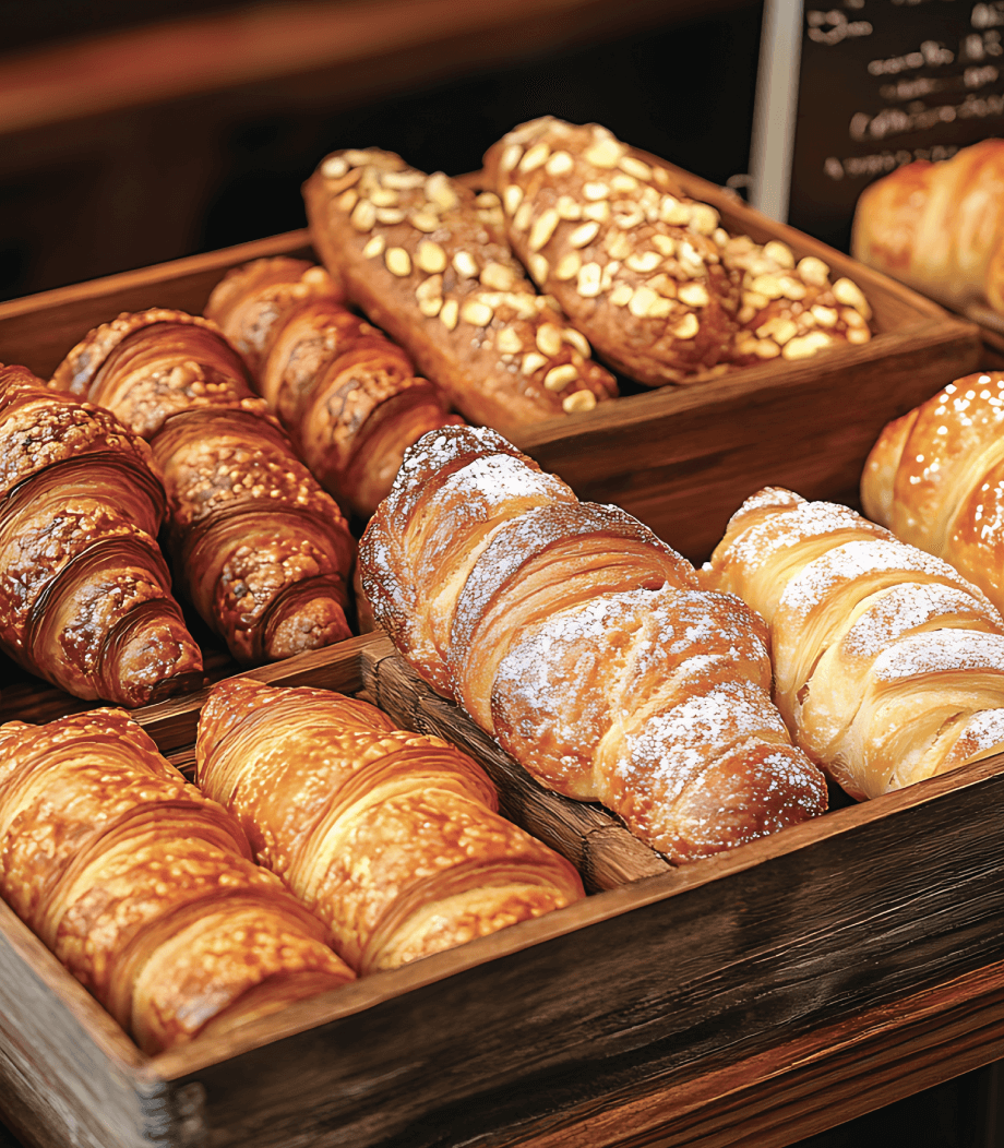 A wooden tray filled with an assortment of croissants and pastries, some dusted with powdered sugar and others topped with sliced almonds.