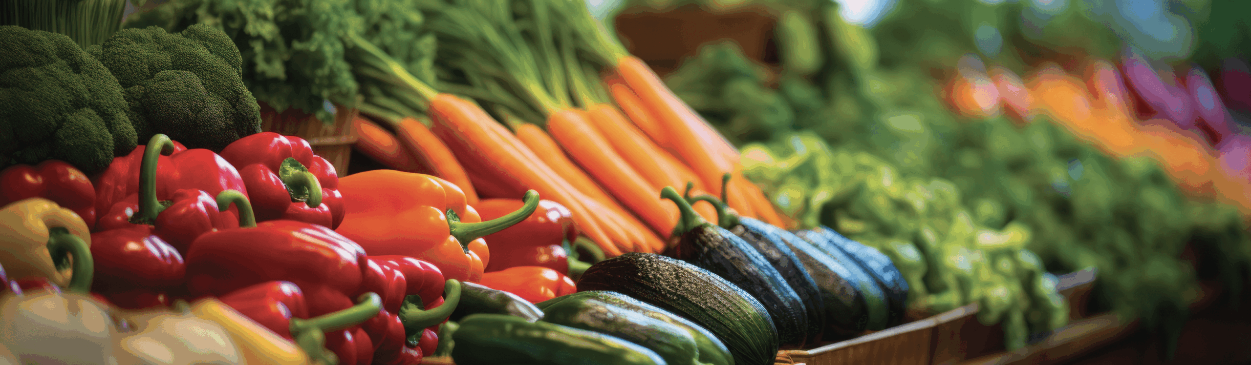 Assorted fresh vegetables, including red peppers, zucchinis, carrots, broccoli, and leafy greens, arranged on a market stand.