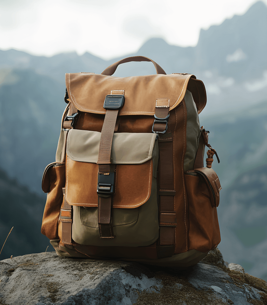 A brown and tan backpack with multiple pockets sits on a rock, with blurred mountains and greenery in the background.
