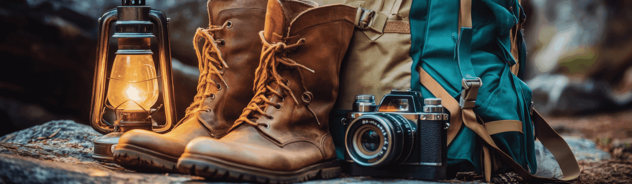 A lantern, brown hiking boots, a green backpack, and a vintage camera are arranged outdoors on a rock.