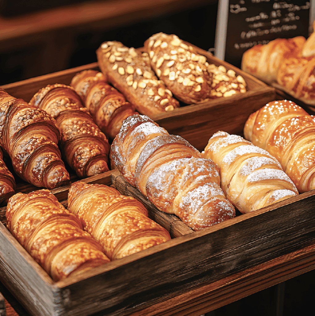 Assorted pastries, including croissants and almond-topped loaves, displayed in wooden trays at a bakery.