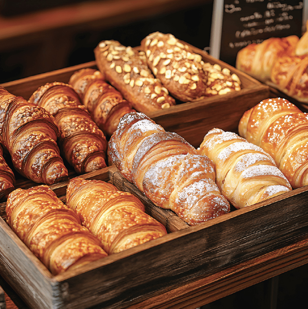 Assorted pastries, including croissants and almond-topped loaves, displayed in wooden trays at a bakery.