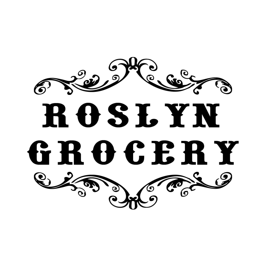 Black text reading "Roslyn Grocery" in bold, vintage-style font, framed by decorative flourishes above and below, on a white background.