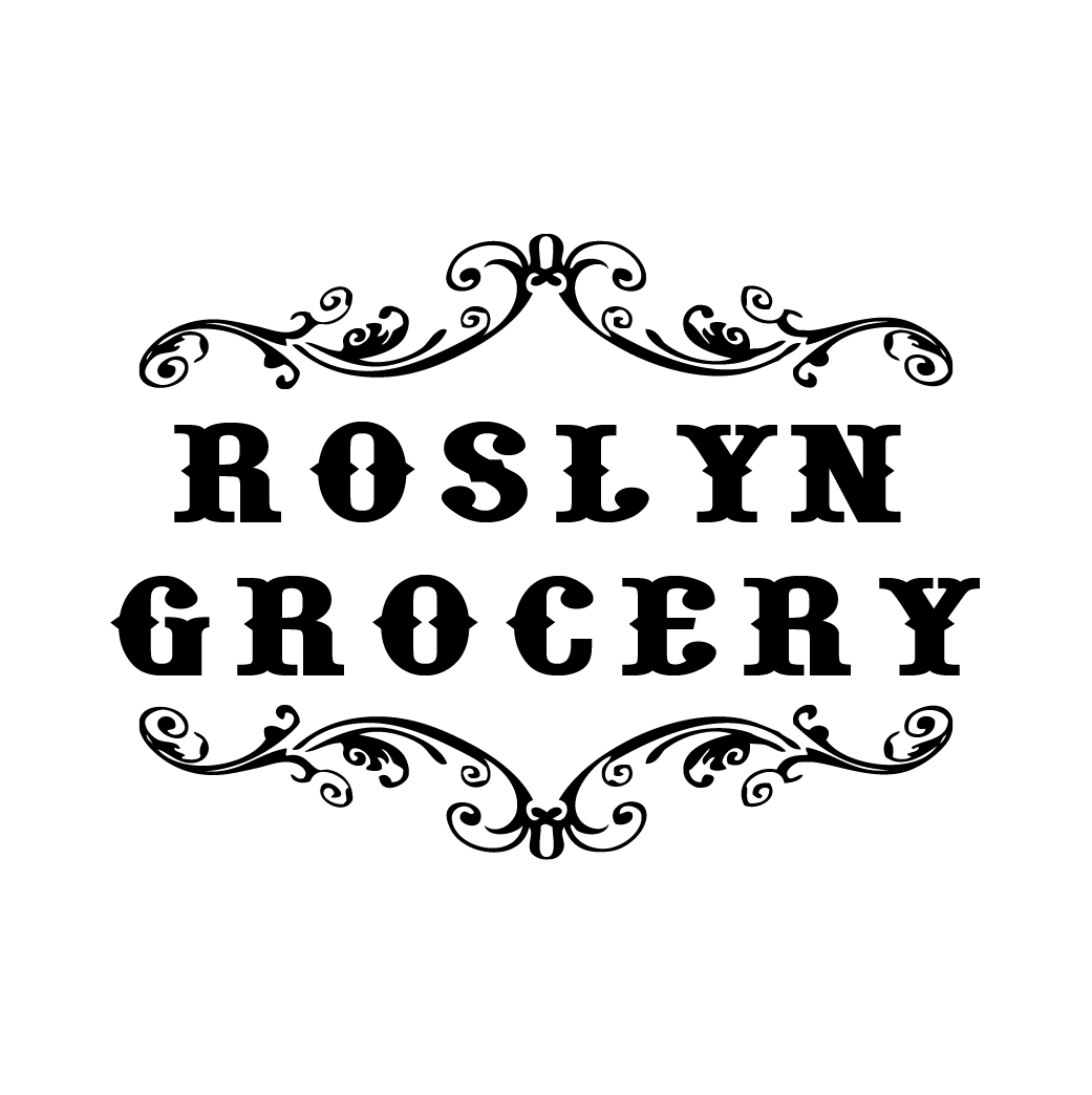 Black text reading "Roslyn Grocery" in bold, vintage-style font, framed by decorative flourishes above and below, on a white background.
