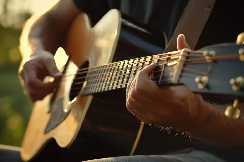Close-up of a person playing an acoustic guitar outdoors, with sunlight illuminating their hands and the guitar strings.