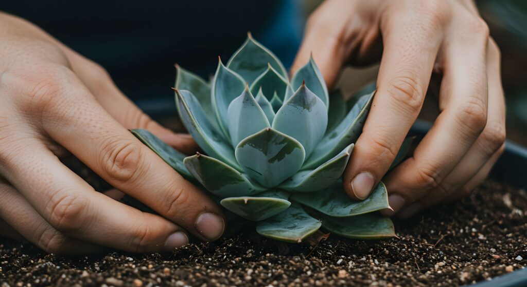 Close-up of two hands planting a green succulent in soil.