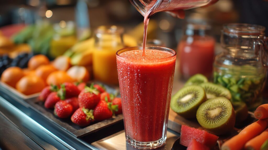 A glass of red fruit smoothie is being poured, surrounded by fresh strawberries, kiwi, oranges, and other assorted fruits on a counter.
