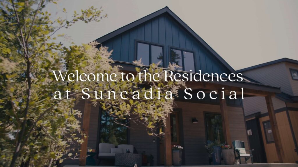 A modern house with large windows and a porch, with text overlay reading "Welcome to the Residences at Suncadia Social.