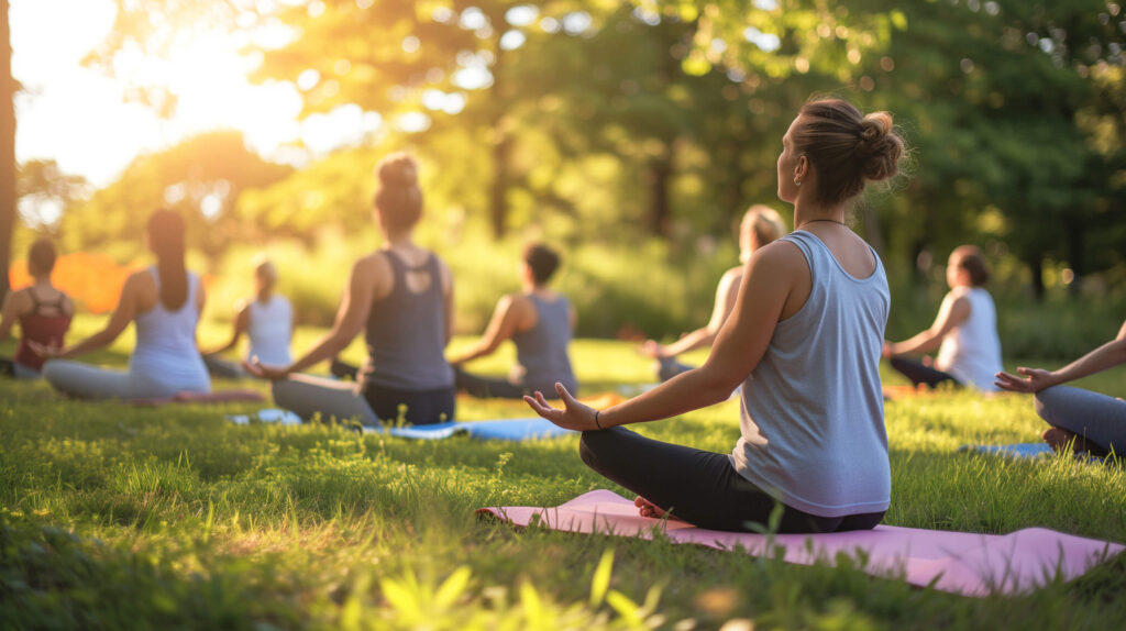 A group of people practice yoga outdoors on mats in a grassy park during sunrise, sitting cross-legged and meditating.