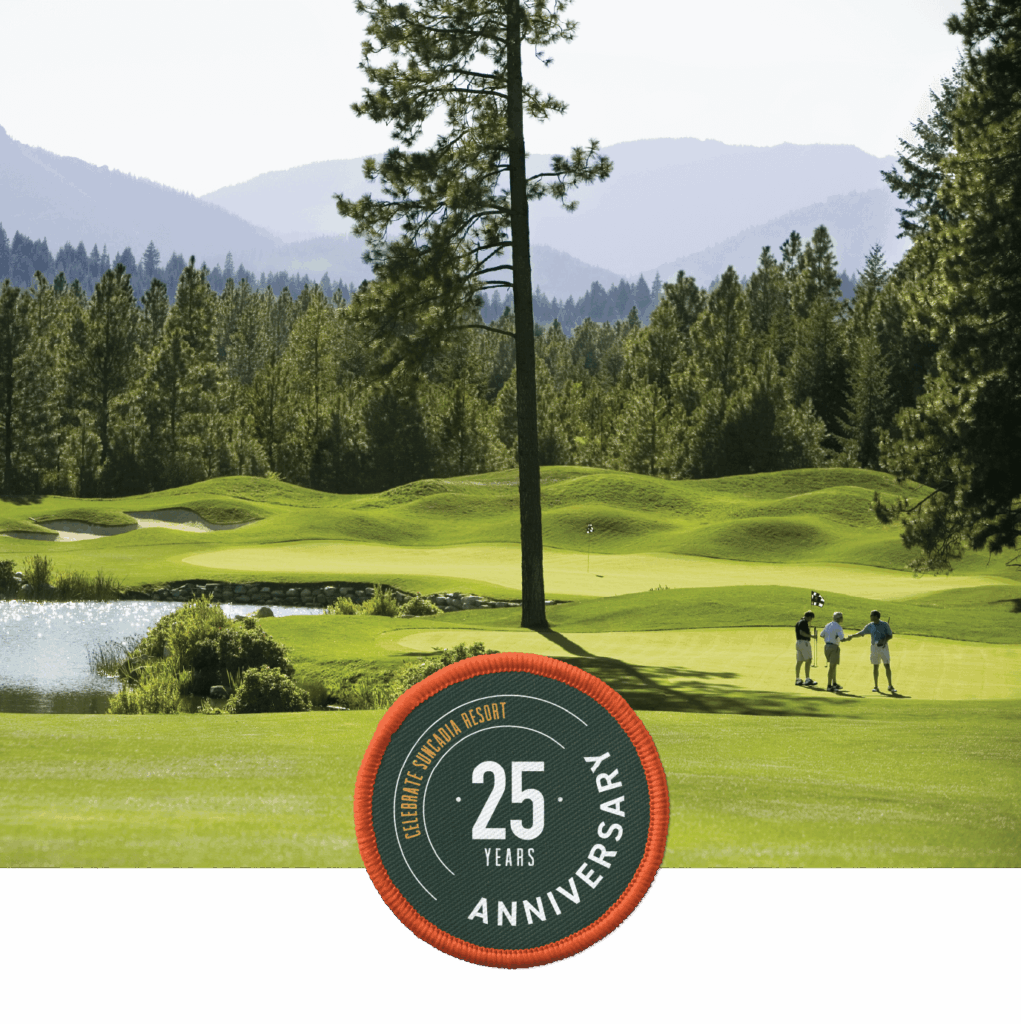 Three people stand on a golf course surrounded by trees and mountains, with a “25 Years Anniversary” emblem for the Coeur d’Alene Casino Resort at the bottom.