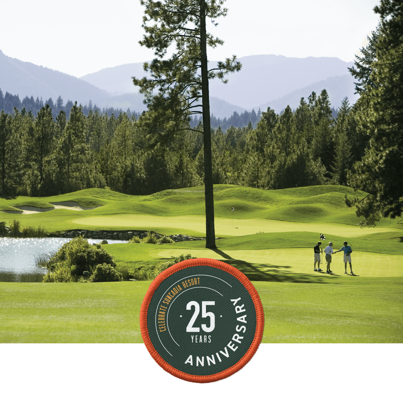 Three people stand on a golf course surrounded by trees and mountains, with a “25 Years Anniversary” emblem for the Coeur d’Alene Casino Resort at the bottom.