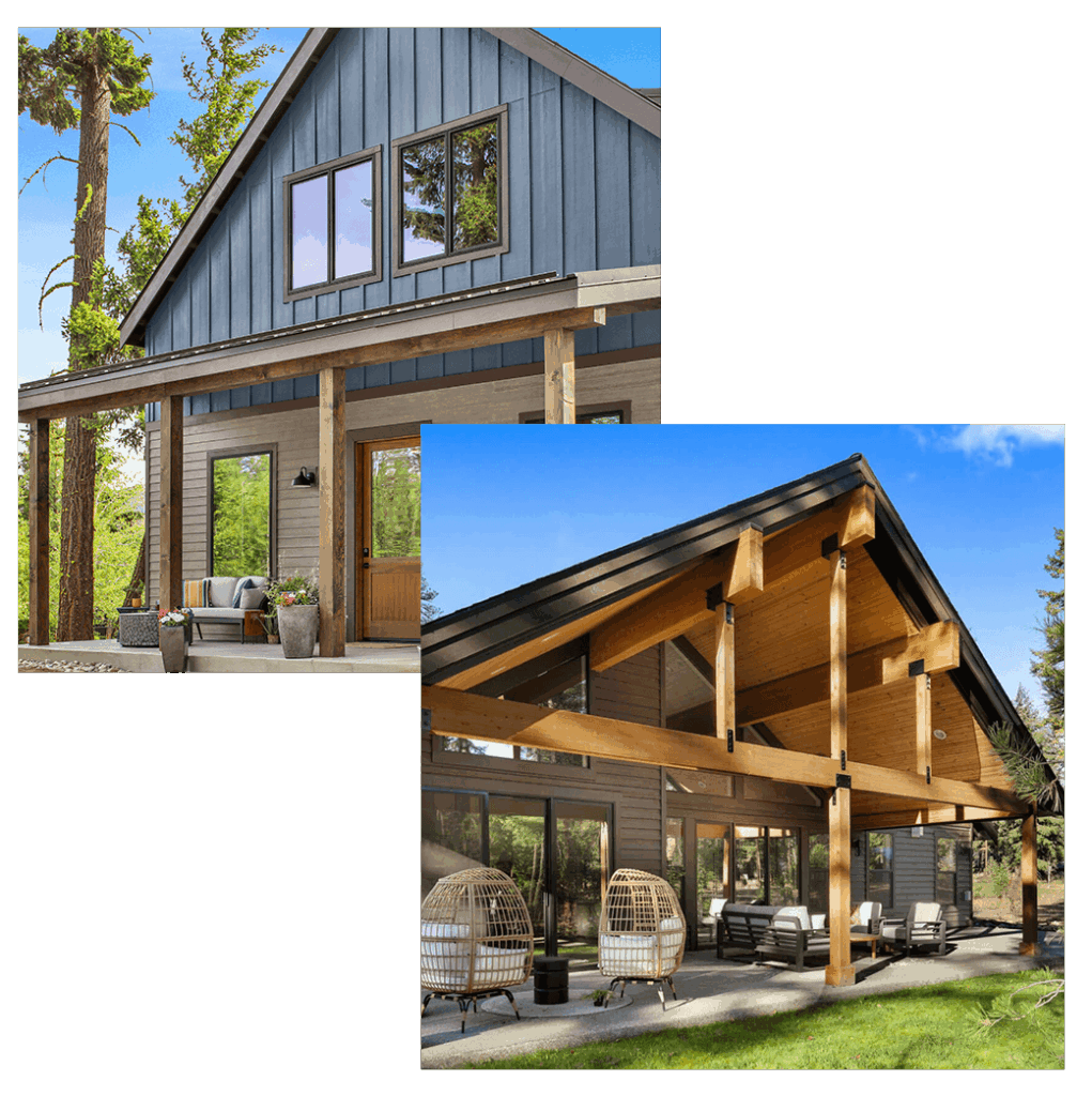 Two images of modern houses with wooden beams: one shows a blue two-story home with a porch, the other features an outdoor covered patio area with seating and wooden supports.