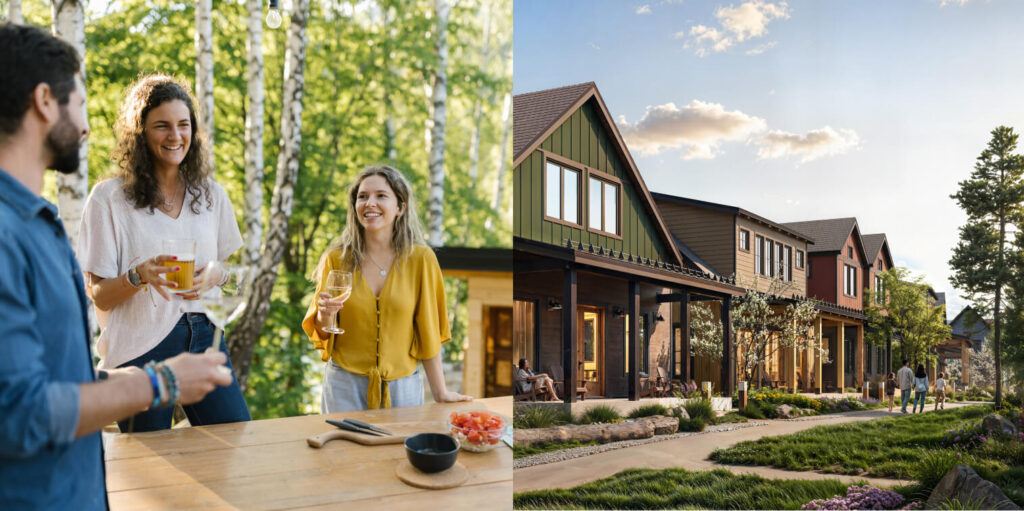 On the left, three people enjoy drinks outdoors at a wooden table; on the right, several people sit and stand near modern houses under a blue sky.