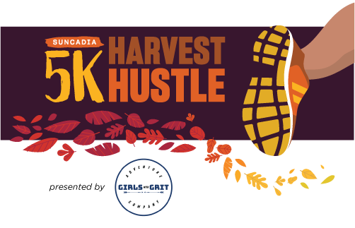 Graphic for the Suncadia 5K Harvest Hustle, showing a running shoe, autumn leaves, and text “presented by Girls on the Gait Adventure Company.”.