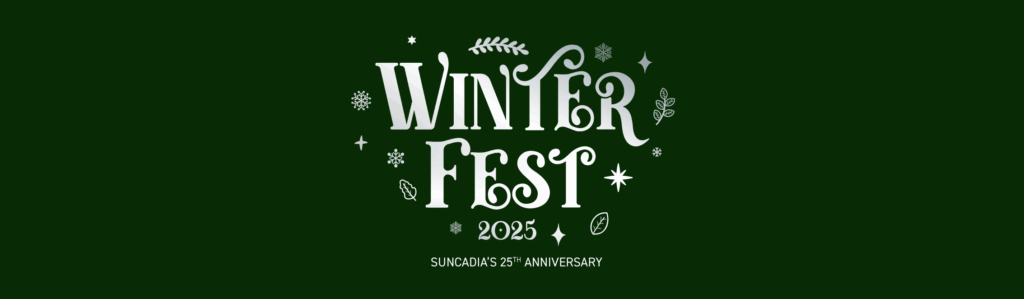 White text on a dark green background reads "Winter Fest 2025" with decorative snowflakes and leaves. Below, it says "Sunday’s 25th Anniversary.